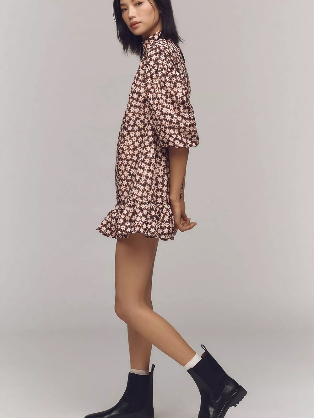 Anthropologie Brown and Cream Star-Print Mini Dress - Picture 3 of 4